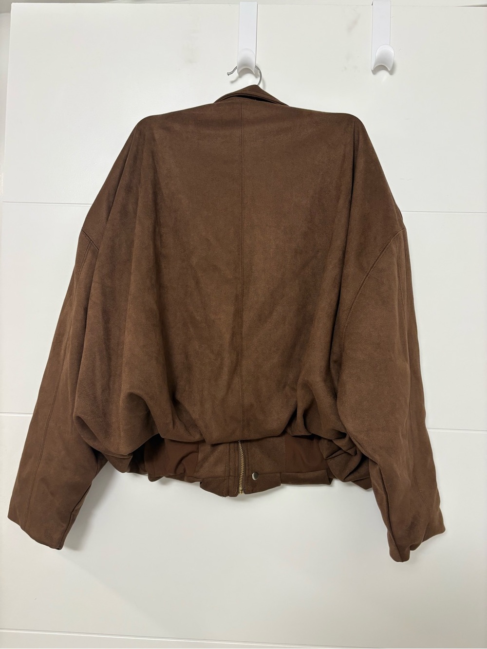 Women's Brown Oversized Leather Bomber Jacket - Picture 3 of 5